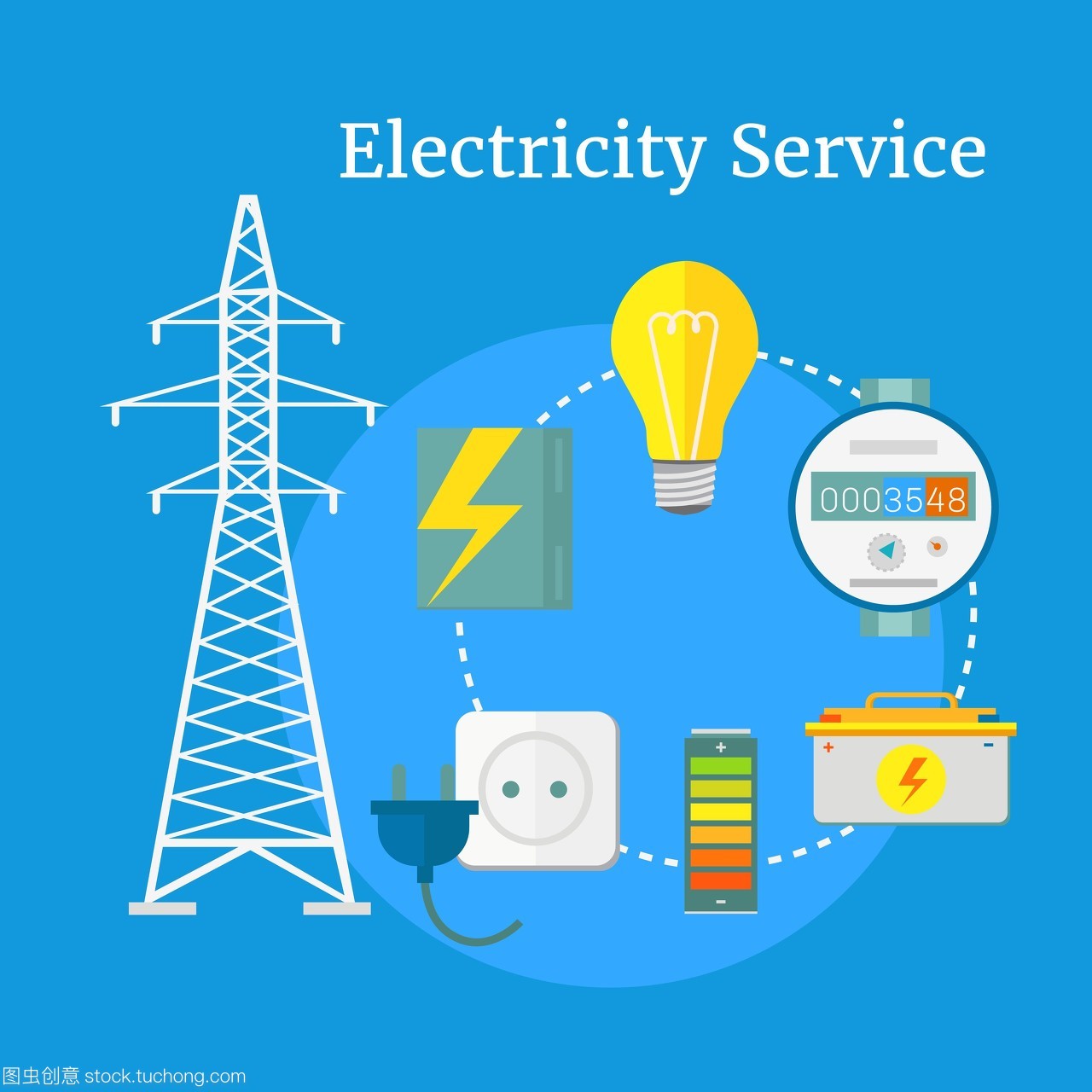 电力服务公寓设计。电力和能源,电工,电力图标闪电灯泡和电子产品技术产业插图